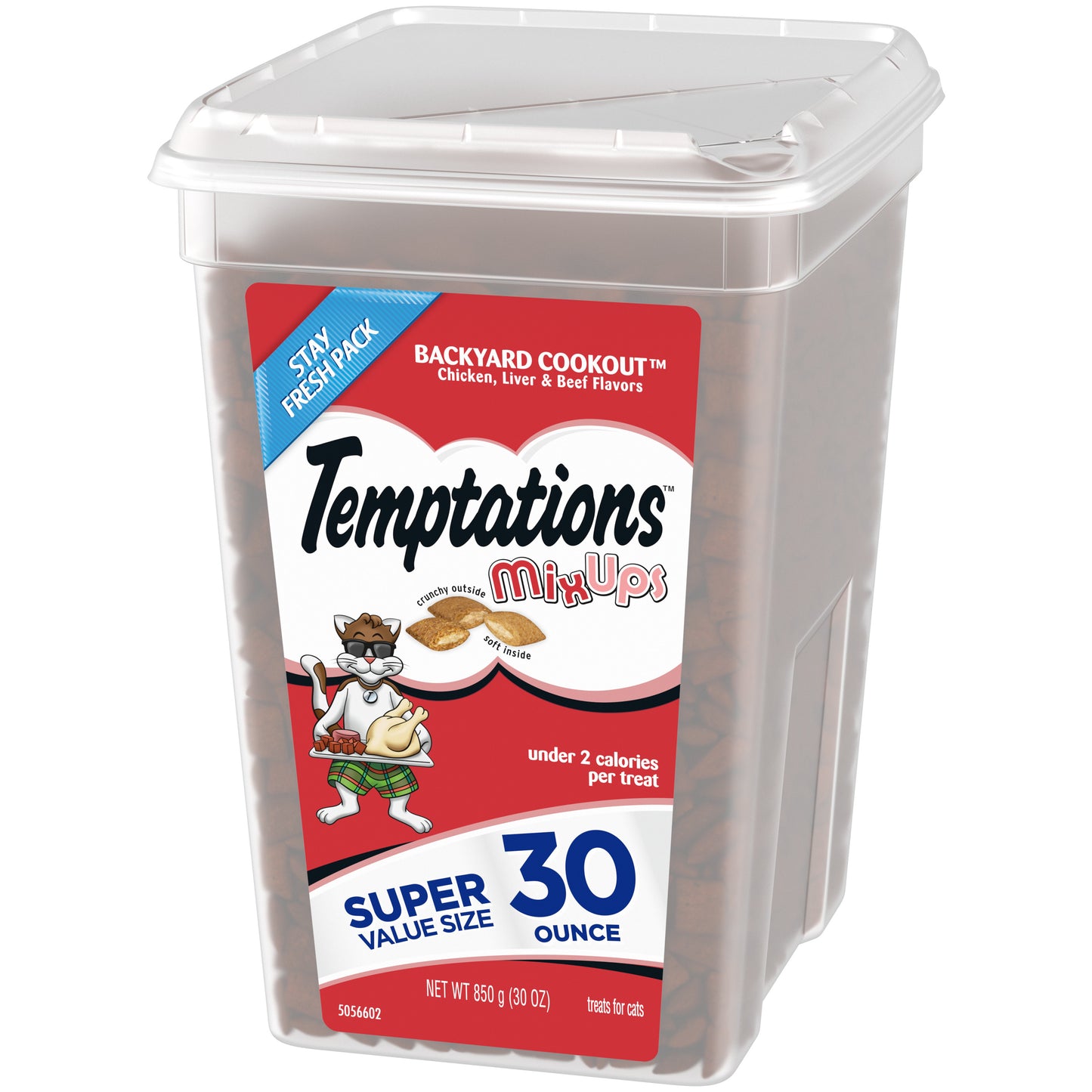 [Temptations][TEMPTATIONS MIXUPS Crunchy and Soft Cat Treats Backyard Cookout Flavor, 30 oz. Tub][Image Center Right (3/4 Angle)]