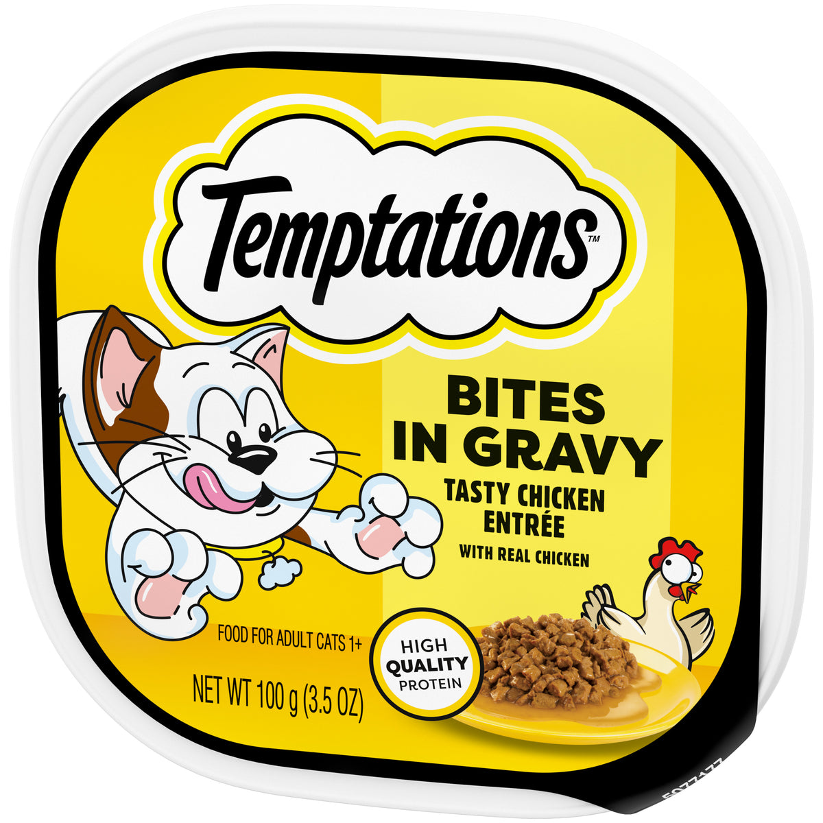 [Temptations][Temptations Wet Cat Food, Tasty Chicken Flavor Bites in Gravy, 3.5 oz. Tray][Image Center Right (3/4 Angle)]