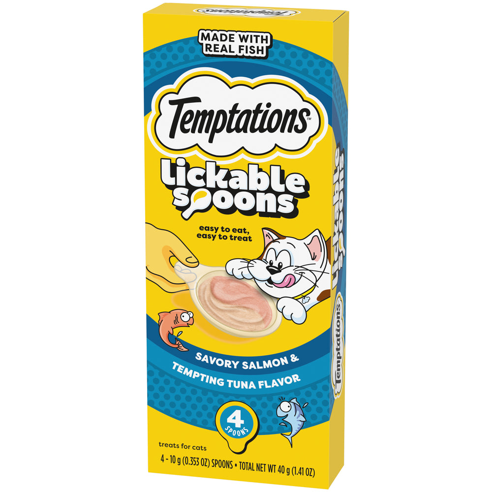 [Temptations][Temptations Lickable Spoons, Savory Salmon and Tempting Tuna Flavor, Pack of 4][Image Center Right (3/4 Angle)]