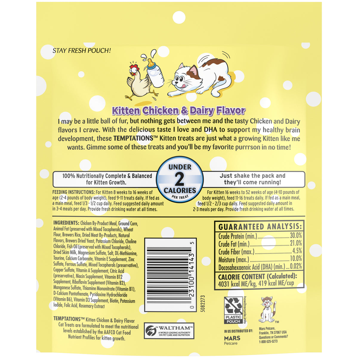 [Temptations][BUNDLE TEMPTATIONS Crunchy and Soft Kitten Treats, Chicken and Dairy Flavor, 6.3 oz. Pouch][Back Image]