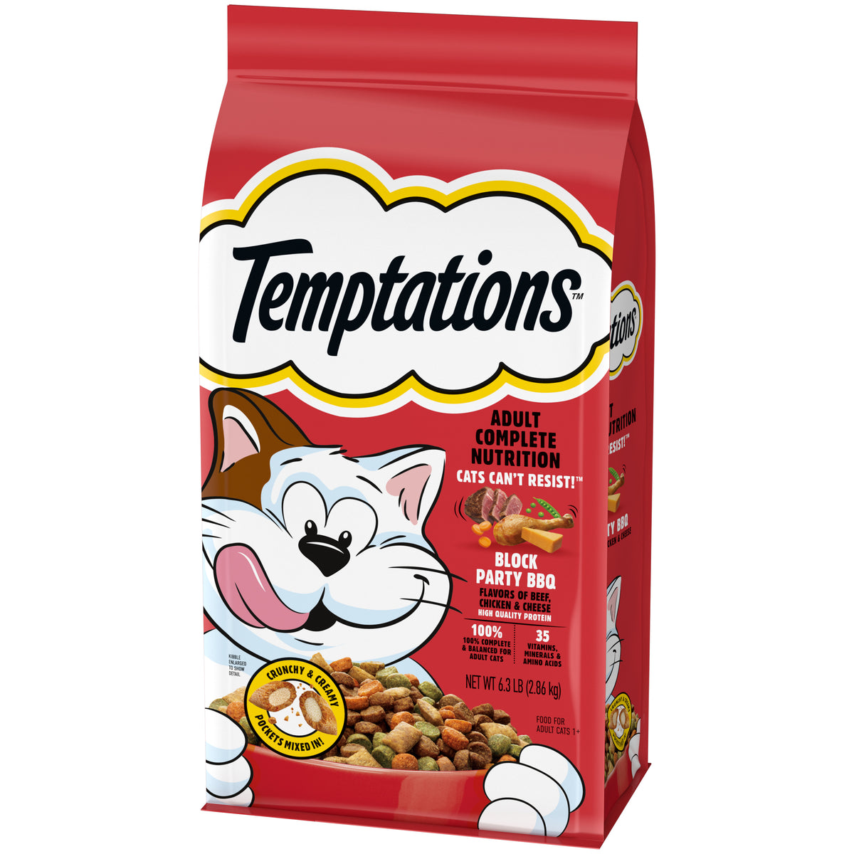 [Temptations][TEMPTATIONS Adult Dry Cat Food, Block Party BBQ Flavor, 6.3 lb. Bag][Image Center Right (3/4 Angle)]