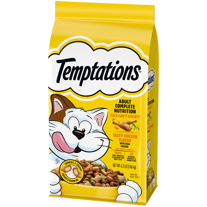[Temptations][TEMPTATIONS Adult Dry Cat Food, Tasty Chicken Flavor, 6.3 lb. Bag][Image Center Right (3/4 Angle)]