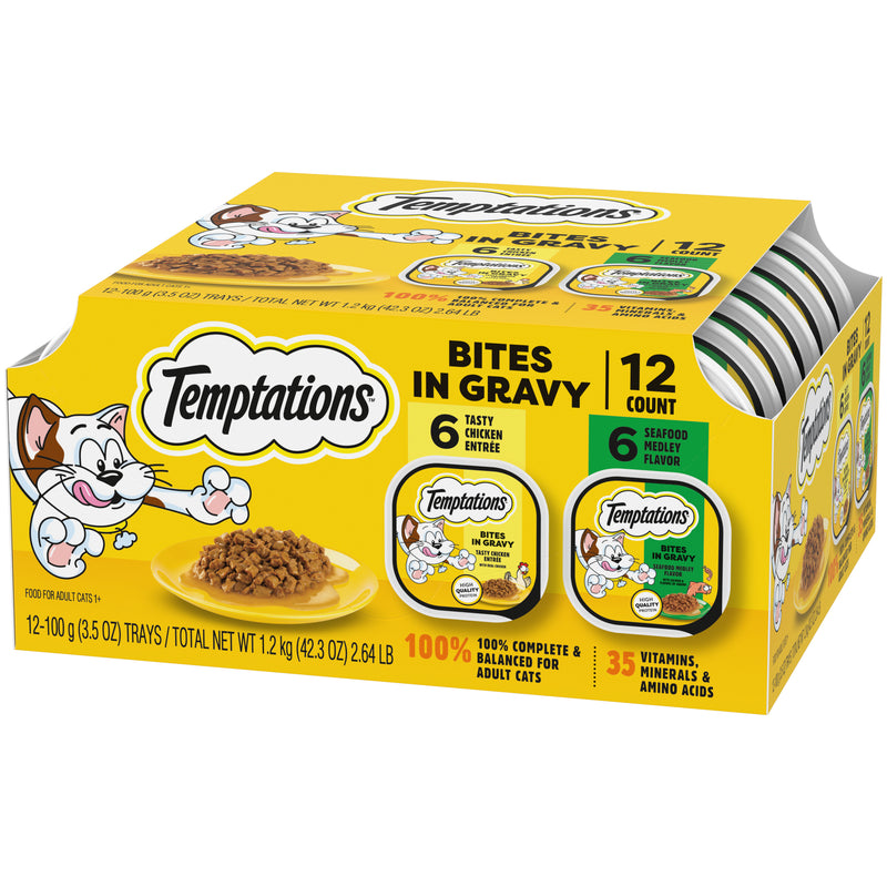 [Temptations][Temptations Wet Cat Food, Bites in Gravy Flavor Variety, 3.5 oz., Pack of 12][Image Center Right (3/4 Angle)]