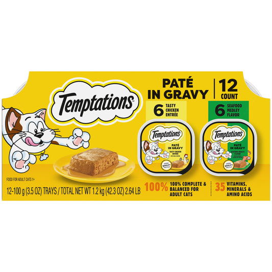 [Temptations][Temptations Wet Cat Food, Paté in Gravy Flavor Variety, 3.5 oz., Pack of 12][Main Image (Front)]