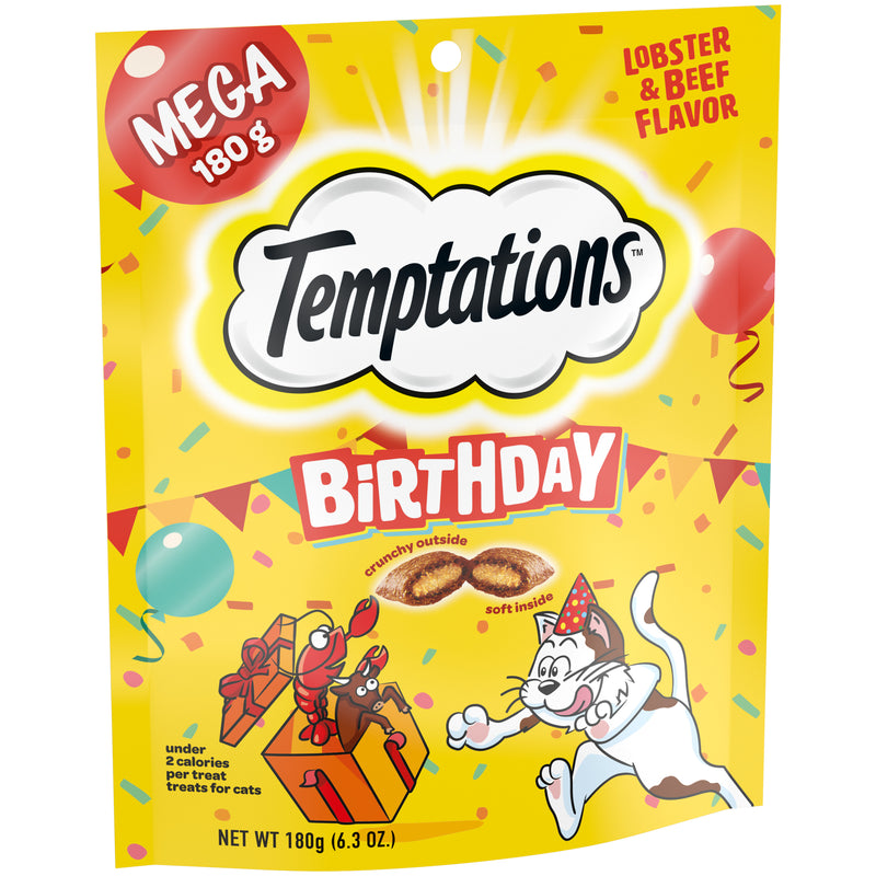[Temptations][BUNDLE TEMPTATIONS Birthday Cat Treats, Lobster and Beef Flavor, 6.3 oz. Pouch][Image Center Left (3/4 Angle)]