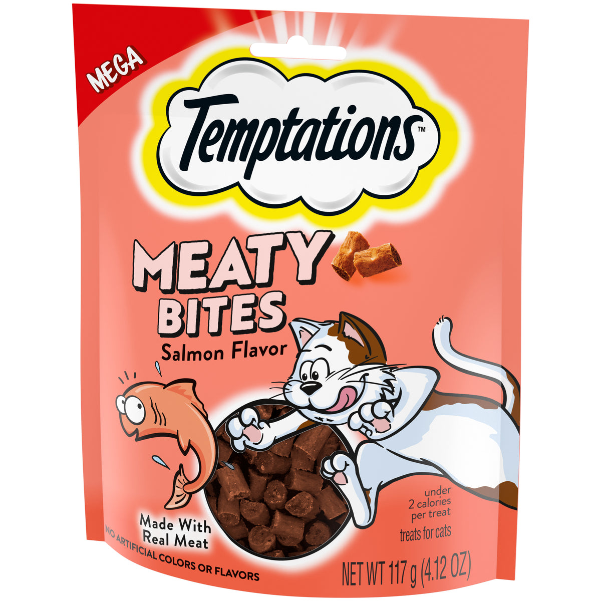 [Temptations][TEMPTATIONS Meaty Bites, Soft and Savory Cat Treats, Salmon Flavor, 4.1 oz. Pouch][Image Center Right (3/4 Angle)]