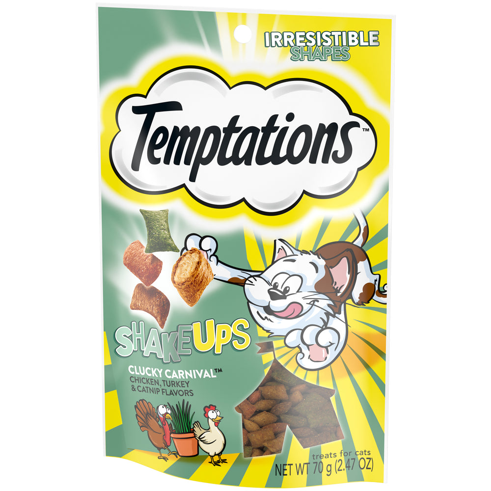 [Temptations][TEMPTATIONS ShakeUps Crunchy and Soft Cat Treats, Clucky Carnival Flavor, 2.47 oz. Pouch][Image Center Right (3/4 Angle)]