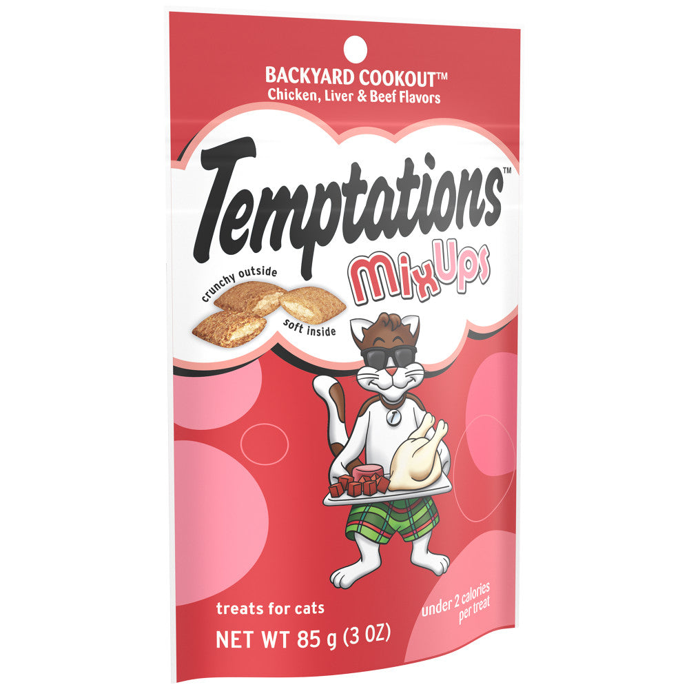 [Temptations][BUNDLE TEMPTATIONS MIXUPS Crunchy and Soft Cat Treats, Backyard Cookout Flavor, 3 oz. Pouch][Image Center Left (3/4 Angle)]