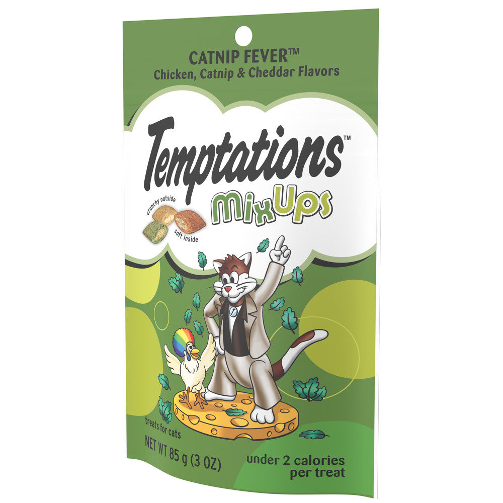[Temptations][BUNDLE TEMPTATIONS MIXUPS, Crunchy and Soft Cat Treats, Catnip Fever Flavor, 3 oz. Pouch][Image Center Right (3/4 Angle)]