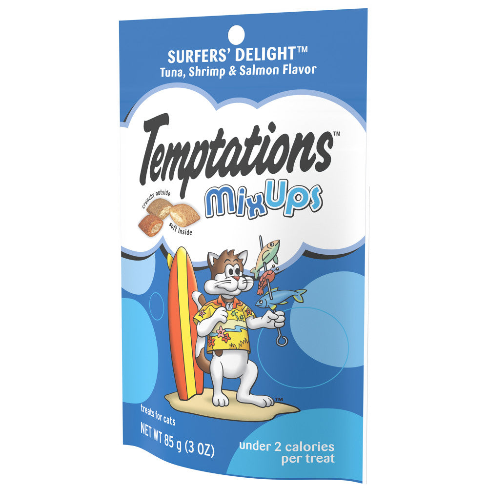 [Temptations][BUNDLE TEMPTATIONS MIXUPS Crunchy and Soft Cat Treats, Surfer's Delight Flavor, 3 oz. Pouch][Image Center Right (3/4 Angle)]