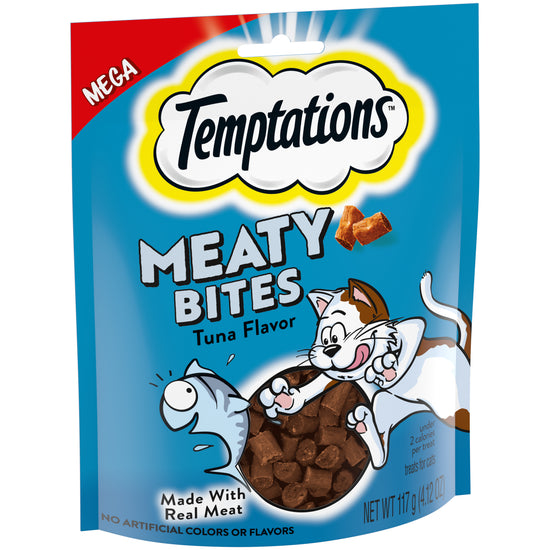 [Temptations][TEMPTATIONS Meaty Bites, Soft and Savory Cat Treats, Tuna Flavor, 4.1 oz. Pouch][Image Center Left (3/4 Angle)]