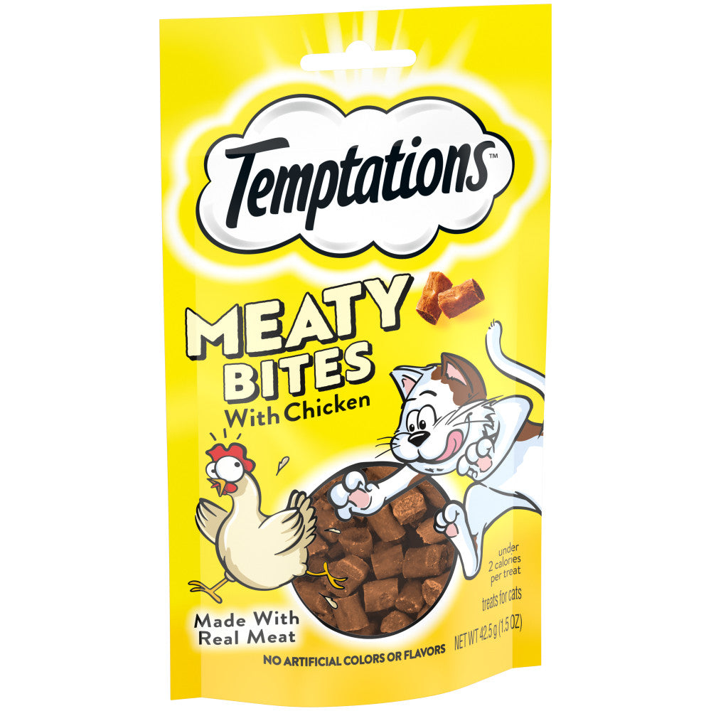 [Temptations][BUNDLE TEMPTATIONS Meaty Bites, Soft and Savory Cat Treats, Chicken Flavor, 1.5 oz. Pouch][Image Center Left (3/4 Angle)]