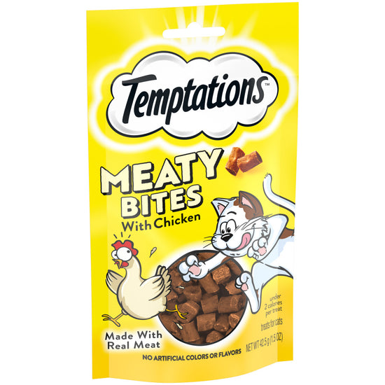 [Temptations][BUNDLE TEMPTATIONS Meaty Bites, Soft and Savory Cat Treats, Chicken Flavor, 1.5 oz. Pouch][Image Center Left (3/4 Angle)]