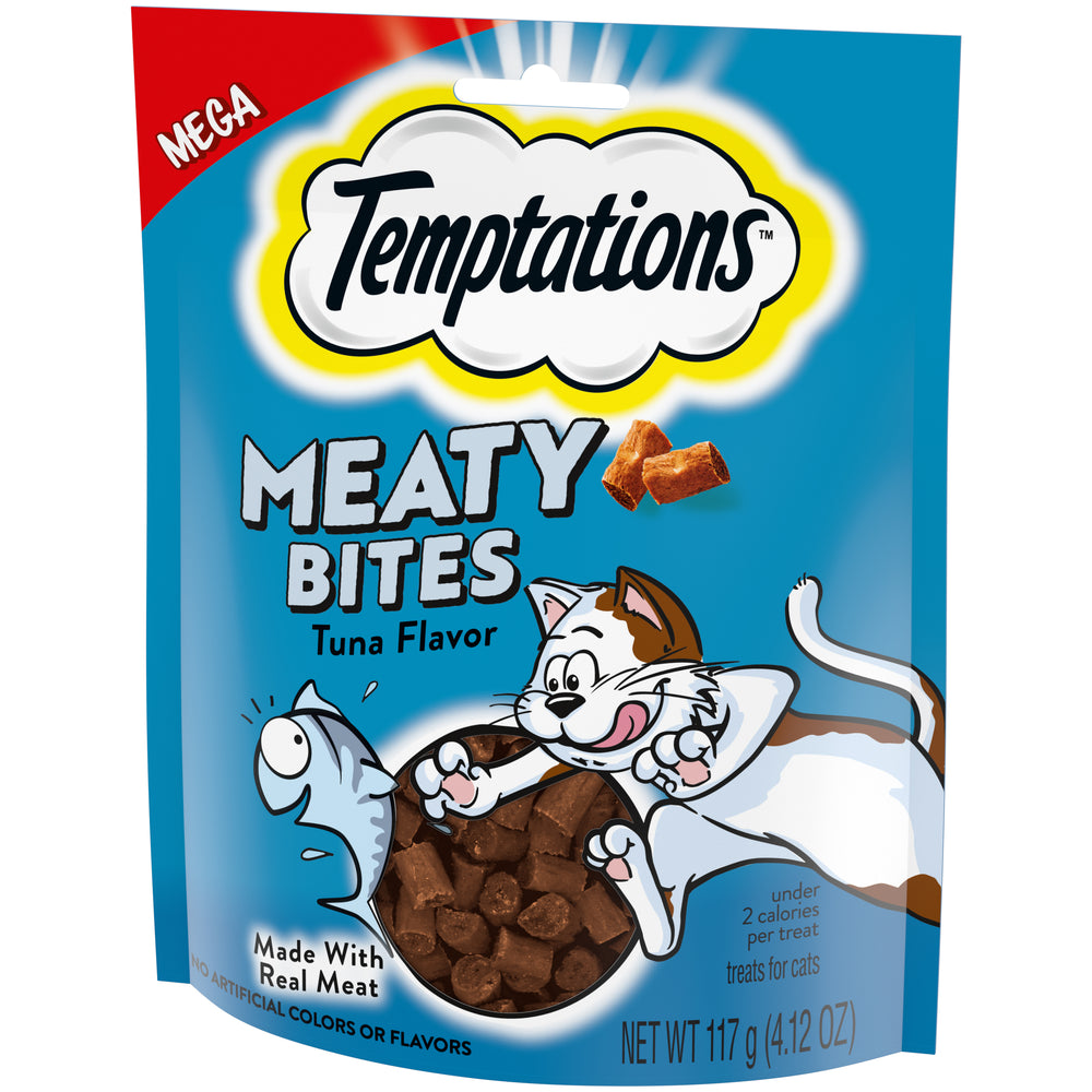 [Temptations][TEMPTATIONS Meaty Bites, Soft and Savory Cat Treats, Tuna Flavor, 4.1 oz. Pouch][Image Center Right (3/4 Angle)]