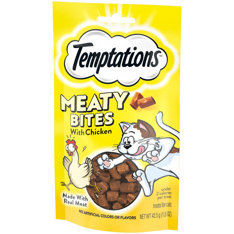 [Temptations][BUNDLE TEMPTATIONS Meaty Bites, Soft and Savory Cat Treats, Chicken Flavor, 1.5 oz. Pouch][Image Center Right (3/4 Angle)]
