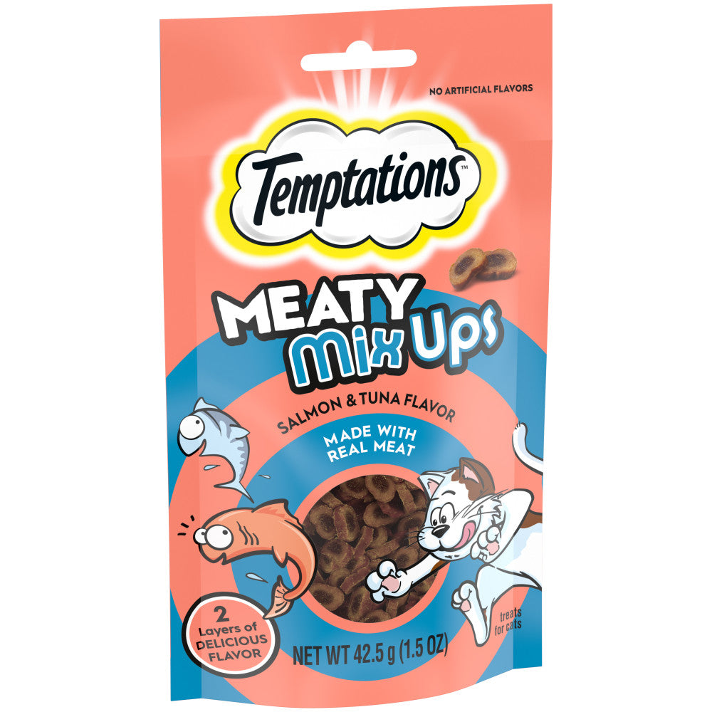 [Temptations][BUNDLE TEMPTATIONS Meaty MixUps Cat Treats, Salmon & Tuna Flavor, 1.5 oz. Pouch][Image Center Left (3/4 Angle)]