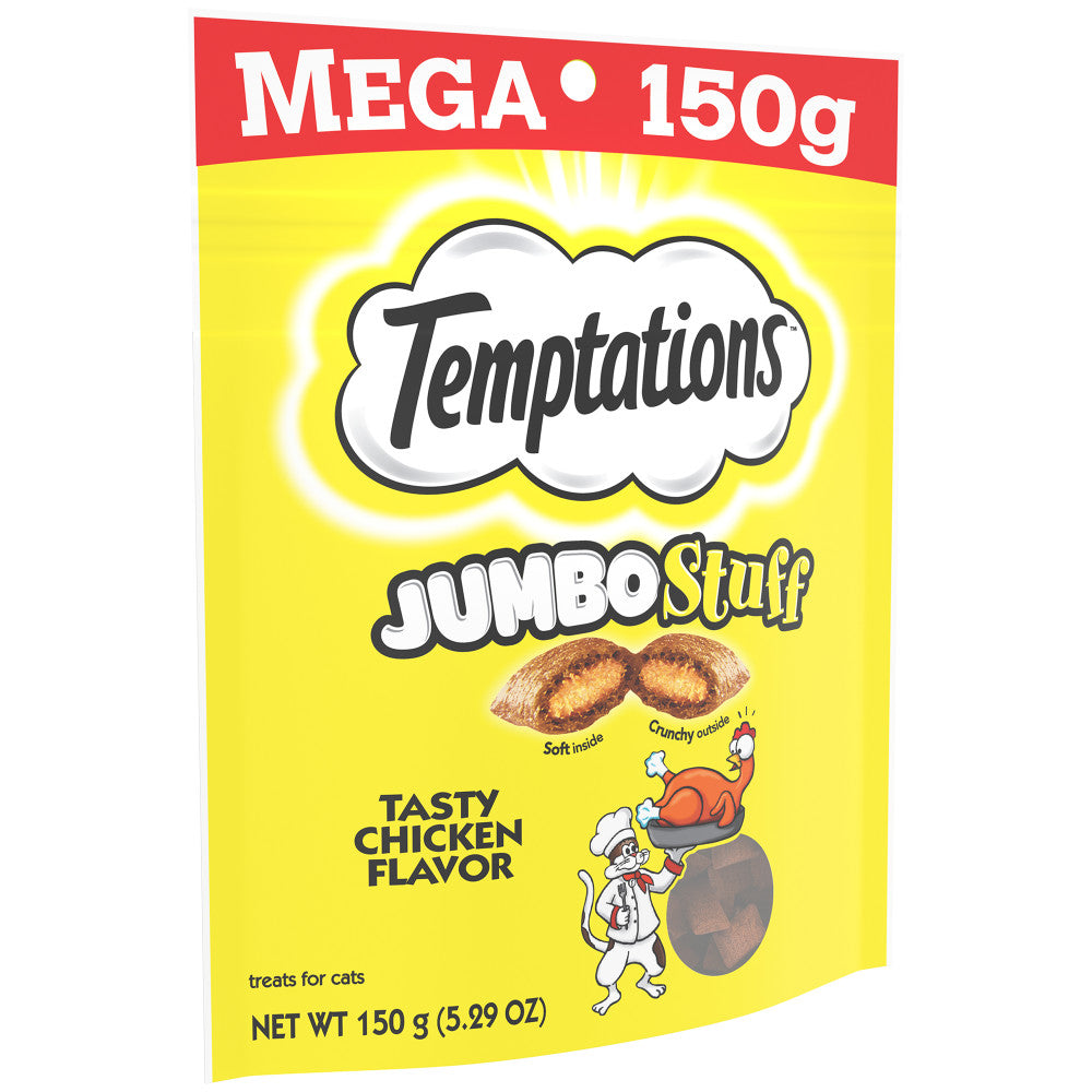 [Temptations][BUNDLE TEMPTATIONS JUMBO STUFF Cat Treats, Tasty Chicken Flavor, 5.3 oz. Pouch][Image Center Left (3/4 Angle)]