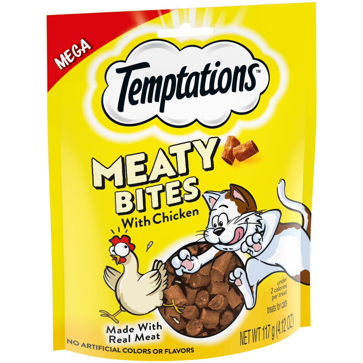 [Temptations][TEMPTATIONS Meaty Bites, Soft and Savory Cat Treats, Chicken Flavor, 4.1 oz. Pouch][Image Center Left (3/4 Angle)]