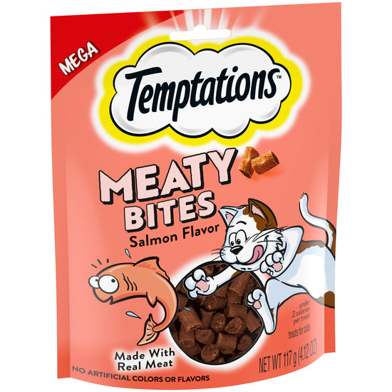 [Temptations][TEMPTATIONS Meaty Bites, Soft and Savory Cat Treats, Salmon Flavor, 4.1 oz. Pouch][Image Center Left (3/4 Angle)]