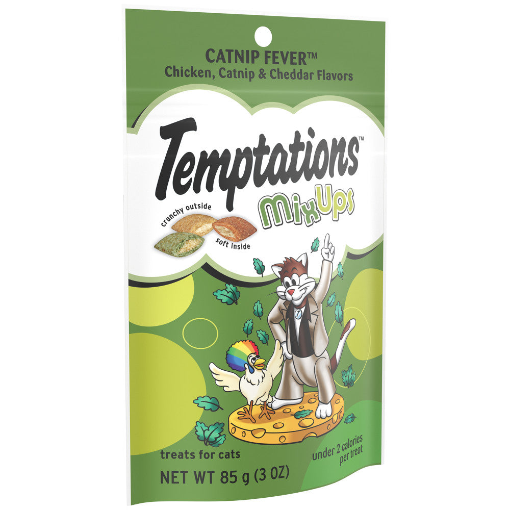 [Temptations][BUNDLE TEMPTATIONS MIXUPS, Crunchy and Soft Cat Treats, Catnip Fever Flavor, 3 oz. Pouch][Image Center Left (3/4 Angle)]