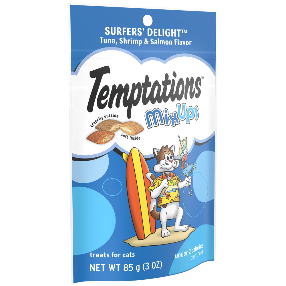[Temptations][BUNDLE TEMPTATIONS MIXUPS Crunchy and Soft Cat Treats, Surfer's Delight Flavor, 3 oz. Pouch][Image Center Left (3/4 Angle)]