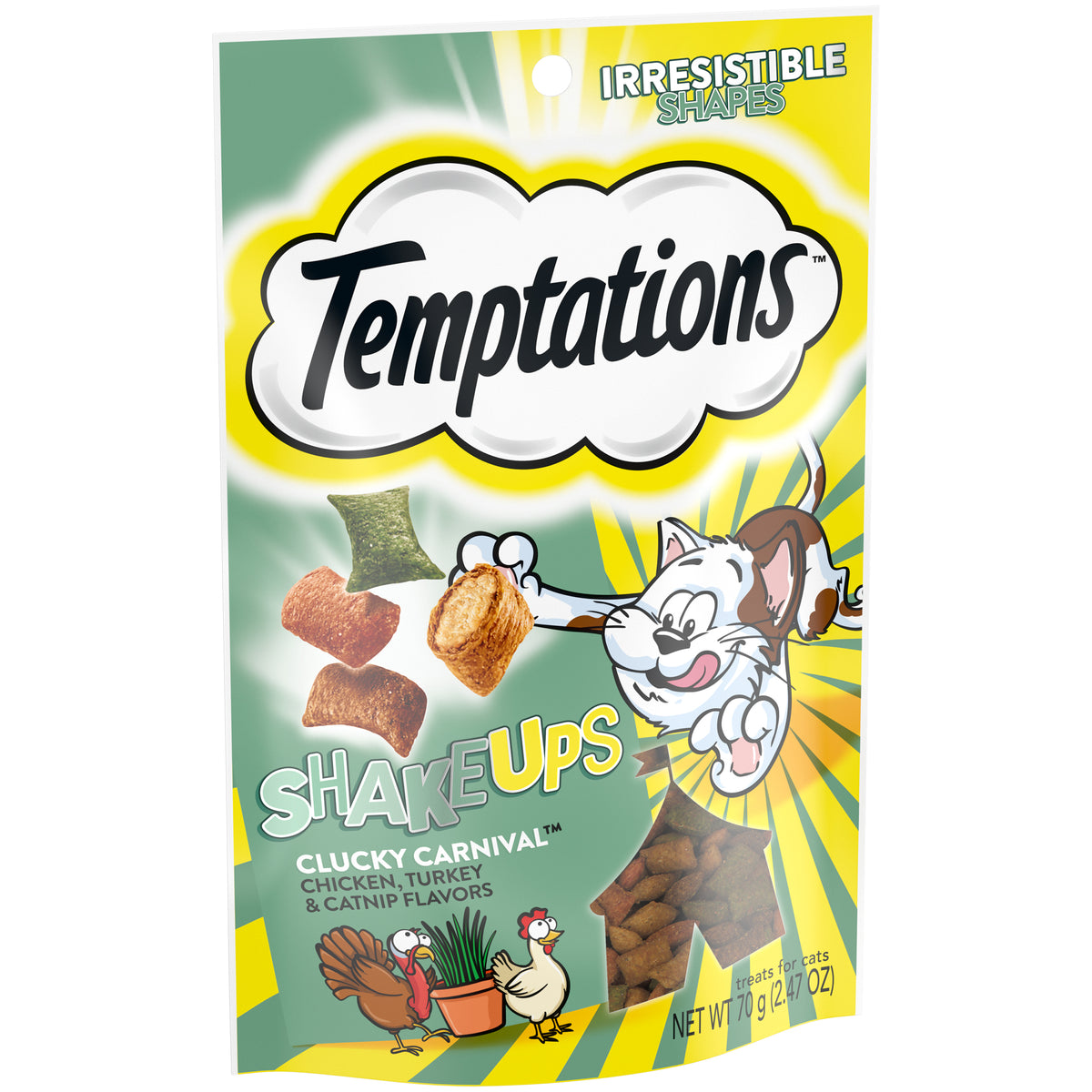 [Temptations][TEMPTATIONS ShakeUps Crunchy and Soft Cat Treats, Clucky Carnival Flavor, 2.47 oz. Pouch][Image Center Left (3/4 Angle)]