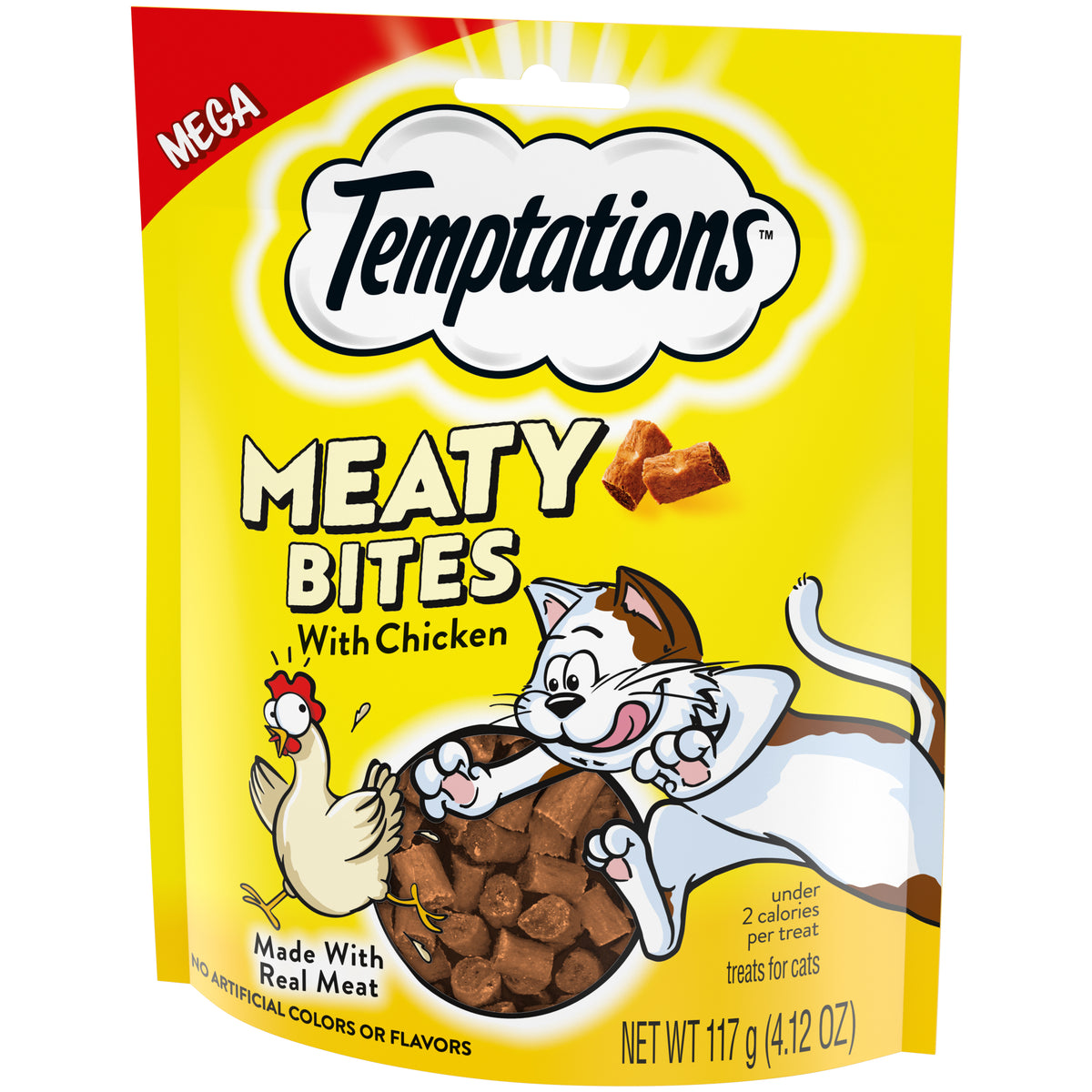 [Temptations][TEMPTATIONS Meaty Bites, Soft and Savory Cat Treats, Chicken Flavor, 4.1 oz. Pouch][Image Center Right (3/4 Angle)]