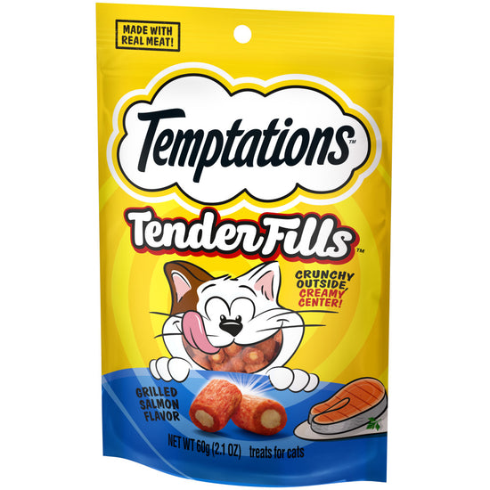 [Temptations][BUNDLE TEMPTATIONS TENDER FILLS Cat Treats, Grilled Salmon Flavor, 2.1 oz. Pouch][Image Center Right (3/4 Angle)]