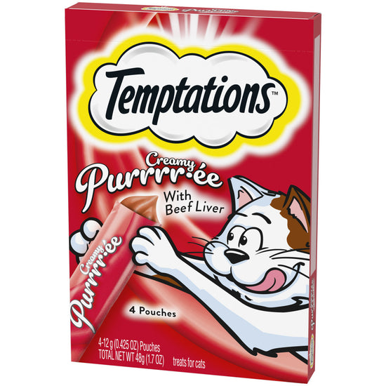 [Temptations][BUNDLE TEMPTATIONS Creamy Puree with Beef Liver Lickable Cat Treats, 4-Pack][Image Center Right (3/4 Angle)]