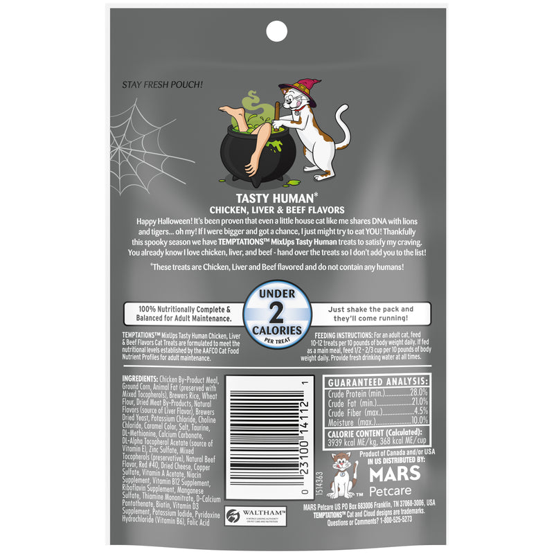 [Temptations][TEMPTATIONS MIXUPS Crunchy and Soft Cat Treats Tasty Human, Chicken, Liver & Beef Flavors, 3 oz. Pouch][Back Image]