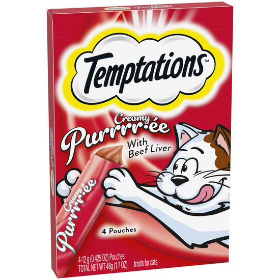 [Temptations][BUNDLE TEMPTATIONS Creamy Puree with Beef Liver Lickable Cat Treats, 4-Pack][Image Center Left (3/4 Angle)]