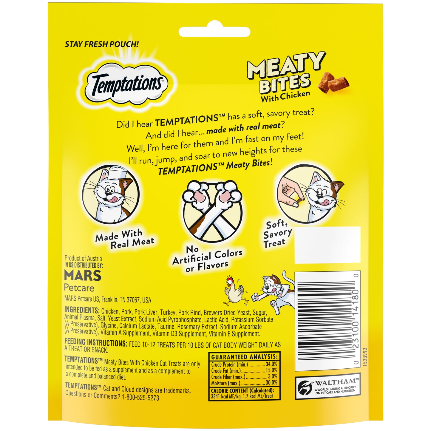 [Temptations][TEMPTATIONS Meaty Bites, Soft and Savory Cat Treats, Chicken Flavor, 4.1 oz. Pouch][Back Image]