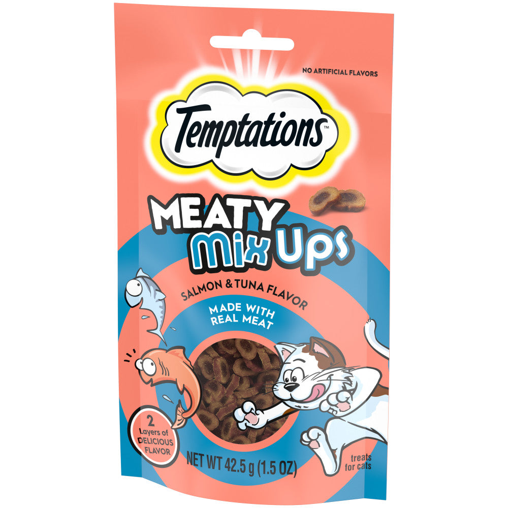 [Temptations][BUNDLE TEMPTATIONS Meaty MixUps Cat Treats, Salmon & Tuna Flavor, 1.5 oz. Pouch][Image Center Right (3/4 Angle)]