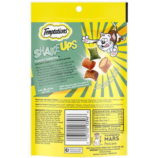 [Temptations][TEMPTATIONS ShakeUps Crunchy and Soft Cat Treats, Clucky Carnival Flavor, 2.47 oz. Pouch][Back Image]