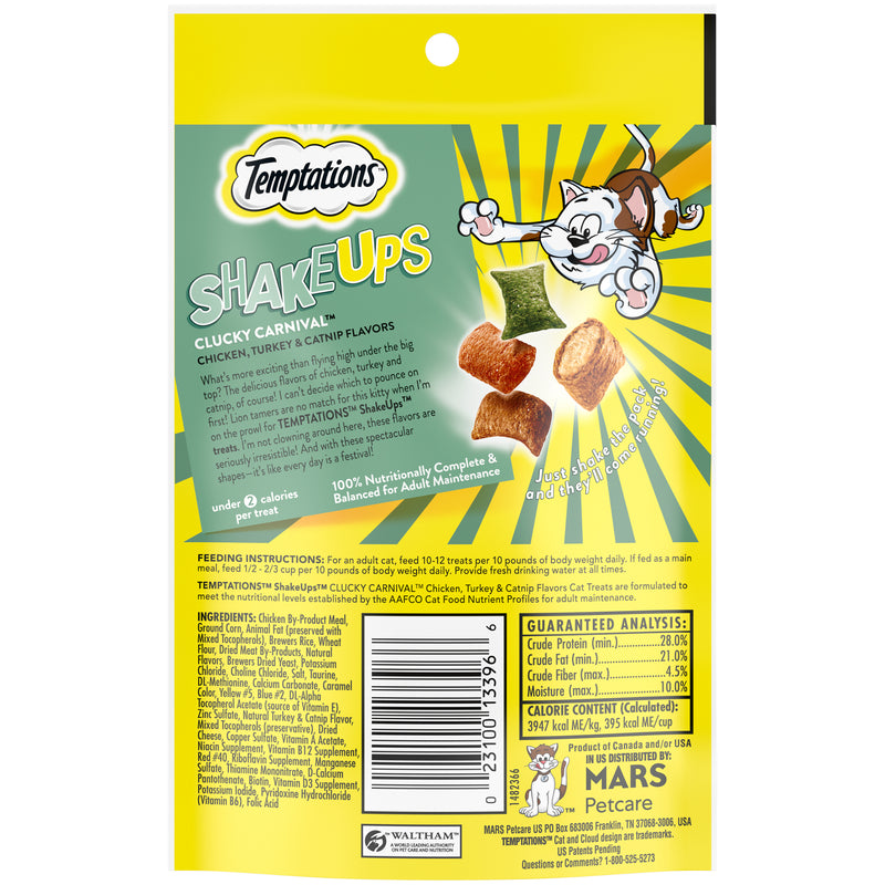 [Temptations][TEMPTATIONS ShakeUps Crunchy and Soft Cat Treats, Clucky Carnival Flavor, 2.47 oz. Pouch][Back Image]